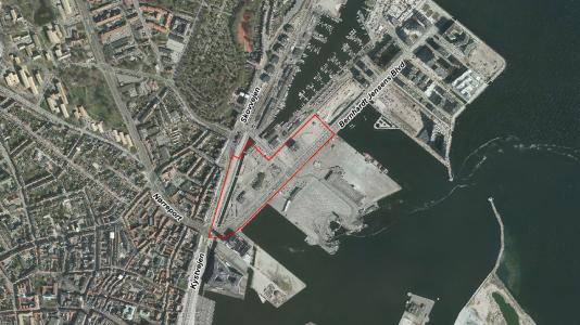 Luftfoto af afgrænsning for debatoplæg om Indre Aarhus Ø