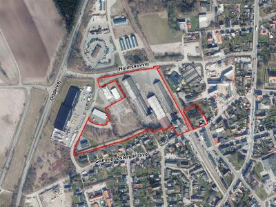 Luftfoto der viser afgrænsningen til lokalplanforslag 1174