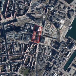 Loftfoto der viser lokalplanafgrænsningen til Lokalplan 1194