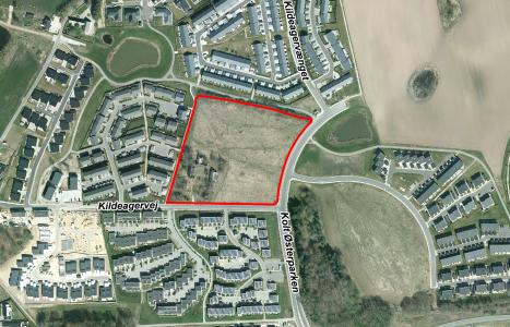 Luftfoto der viser lokalplanafgrænsning til lokalplan 1133 - Hasselager