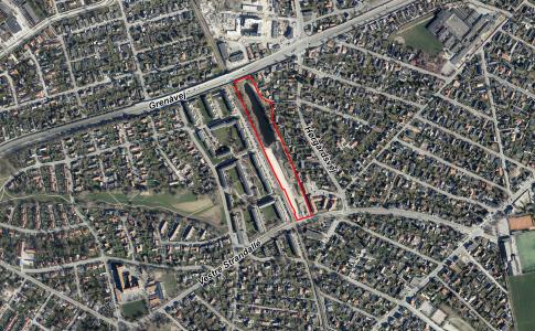 Luftfoto der viser lokalplanafgrænsningen til lokalplan 1164