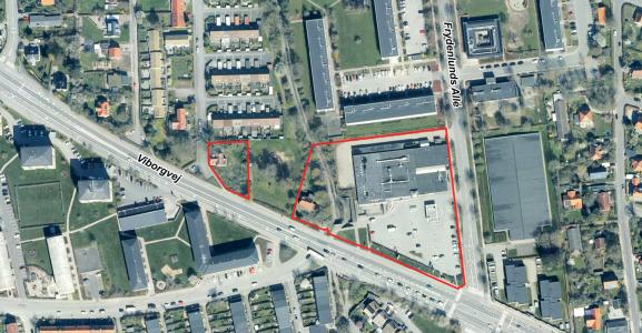 Luftfoto der viser afgrænsningen til lokalplanforslag nr. 1165