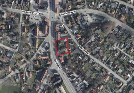 Luftfoto, der viser afgrænsningen for lokalplanforslaget