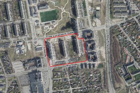 Luftfoto, der viser afgrænsningen for lokalplan 1170