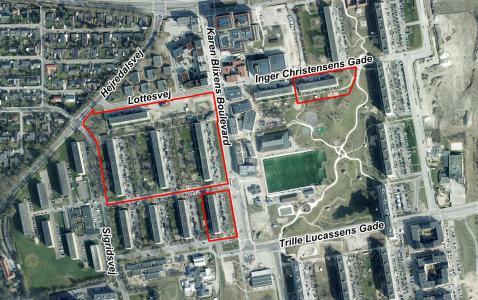 Luftfoto der viser lokalplanafgrænsningen til Lokalplan 1173