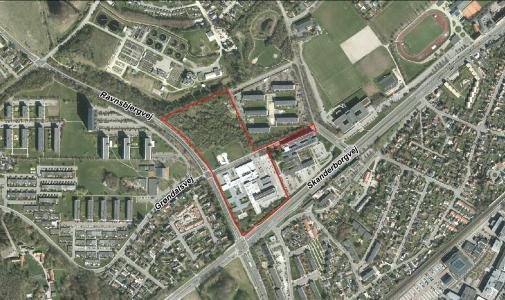 Luftfoto der viser afgrænsningen til lokalplanen 1180, Boliger og erhverv på Grøndalsvej              