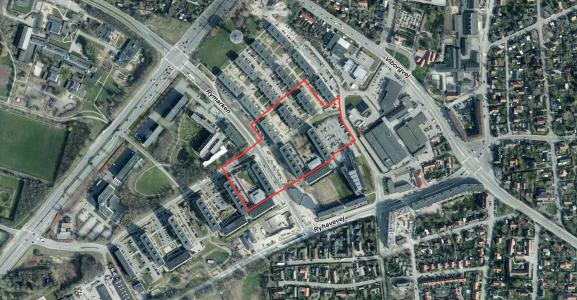 Luftfoto der viser lokalplanafgrænsningen til lokalplan 1182