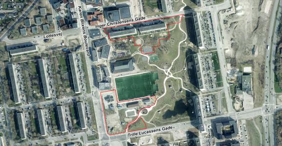 Luftfoto der viser lokalplanafgrænsningen til lokalplan 1183