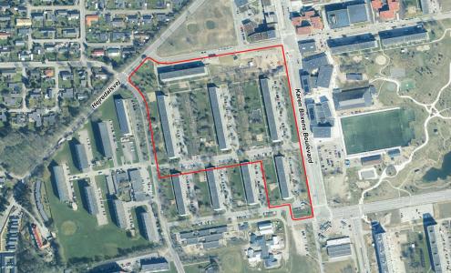 Luftfoto der viser afgrænsningen til lokalplanforslag 1208