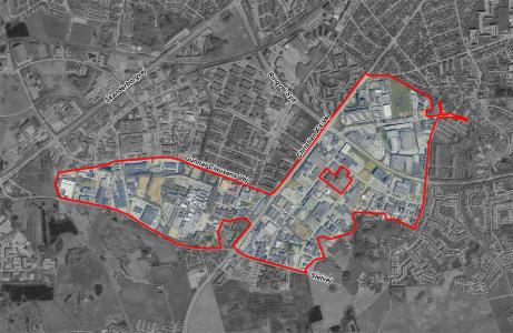 Luftfoto der viser afgrænsningen til Byplanvedtægt 5