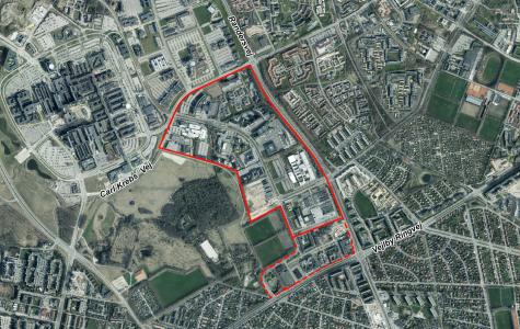 Luftfoto der viser afgrænsningen til debatoplægget om Olof Palmes Alle