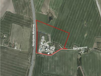 Luftfoto af lokalplanafgrænsning over Bånlev Biogas