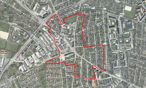 Luftfoto af Helhedsplanafgrænsning for Hasle centrum