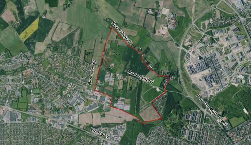 Luftfoto der viser afgrænsningen til Udviklingsplanen for Marienlyst