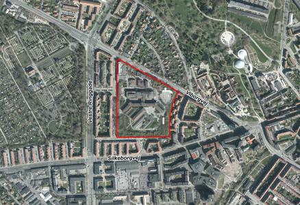 Luftfoto der viser afgrænsningen til Lokalplan nr. 88 som ophæves