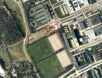 Luftfoto der viser afgrænsningen til debatoplægget om Halmstadgade 11