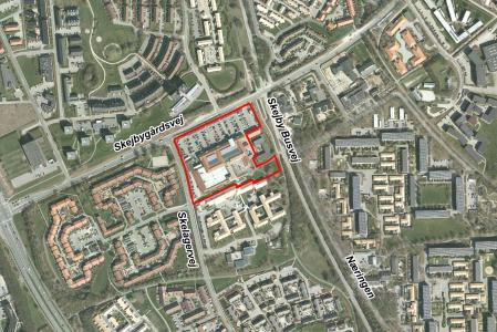 Luftfoto af afgrænsning for debatoplæg om Skejbycenteret