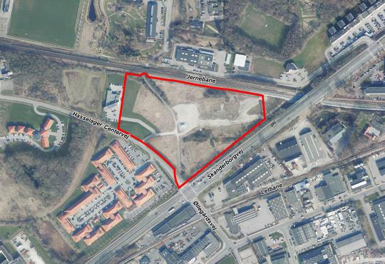 Luftfoto af planområde - Erhverv på Hasselager Centervej