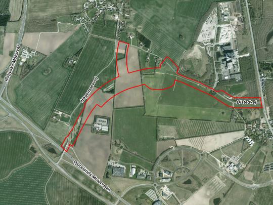 Luftfoto der viser lokalplanafgrænsningen til lokalplan 1156