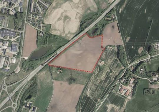 Luftfoto der viser afgrænsningen til lokalplan x281