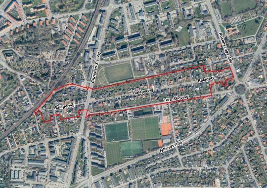 Luftfoto af afgrænsning for lokalplanforslag nr. 287_T1