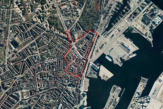 Luftfoto der viser afgrænsningen til helhedsplanen om Nørreport