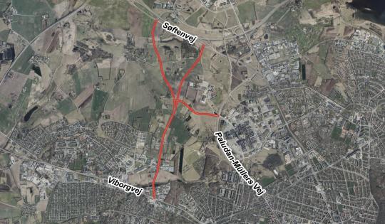 Luftfoto, der viser afgrænsningen til debatoplægget om Ny Brendstrupvej