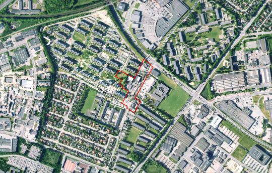 Kort der viser områdeafgrænsningen til debatoplægget om Nyt lokalt butikscenter i Rosenhøj