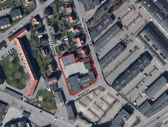 Luftfoto der viser lokalplanafgrænsningen til debatoplæg for Hermodsvej 18 i Åbyhøj