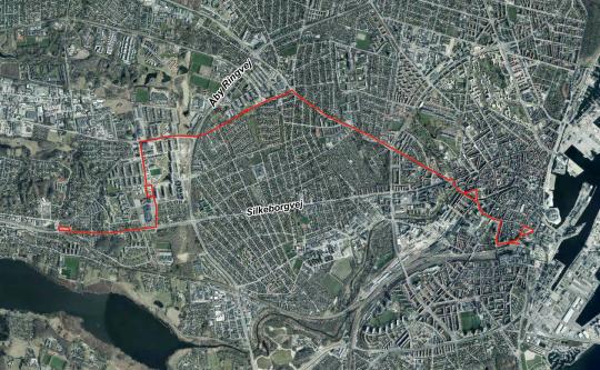 Luftfoto der viser afgrænsningen til debatoplægget om Letbanen etape 2