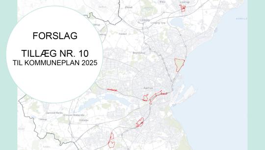 Billedet viser Aarhus Kommune i silhuet. På billedet står der: Forslag til tillæg nr. 10 til Kommuneplan 2025.