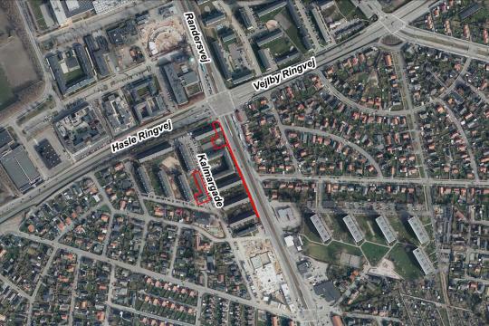 Luftfoto af afgrænsning for debatoplæg om Kalmargade 31-60