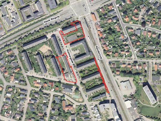 Luftfoto der viser afgrænsningen til lokalplanforslag nr. 1253