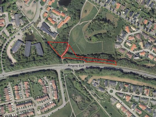 Luftfoto der viser afgrænsningen til lokalplantillæg 319_T1