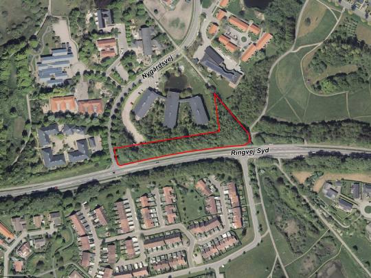 Luftfoto der viser afgrænsningen til lokalplantillæg 623_T1