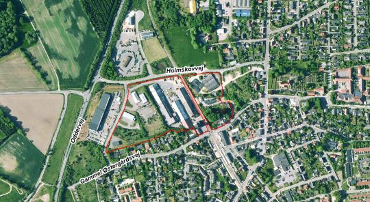 Luftfoto der viser afgrænsningen til debatoplægget om Dampmøllevej og Malling Foderstof i Malling
