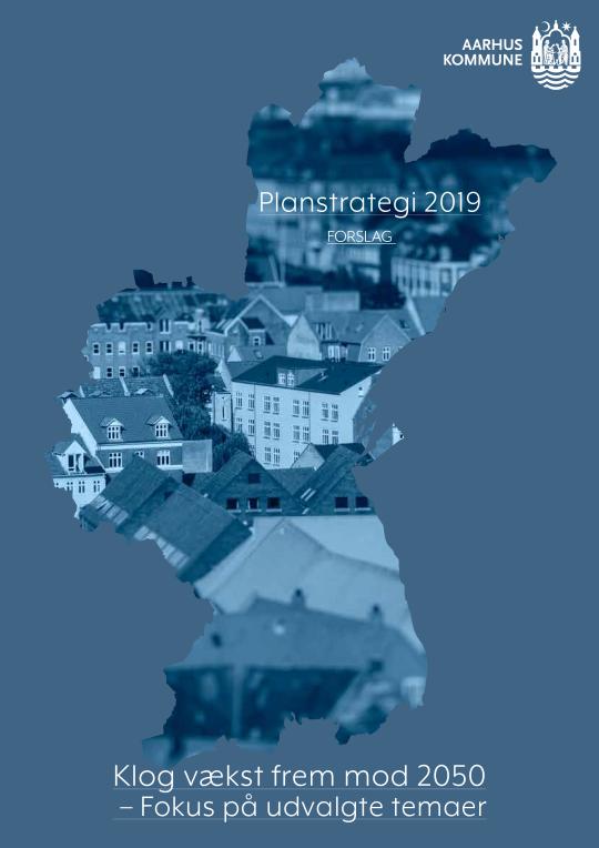 Billedet har en blå baggrund og et udsnit med kommunegrænsen for Aarhus Kommune. I udsnittet ses bygninger. 