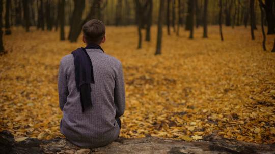 Mand der sidder med ryggen til i efterårsskov
