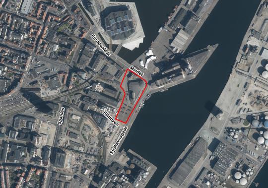 Luftfoto af Lokalplanafgrænsning over Lokalplan 1147 - Højhus på Mindet 6, Aarhus Havn 