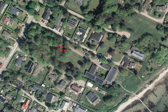 Luftfoto der viser afgrænsningen til lokalplantillæg 1108_T1