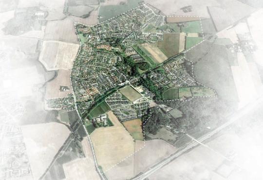 Luftfoto der viser afgrænsningen til helhedsplanen for Hjortshøj