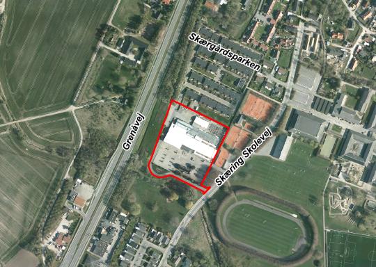 Luftfoto af lokalplanafgrænsning ved Skæring Skolevej