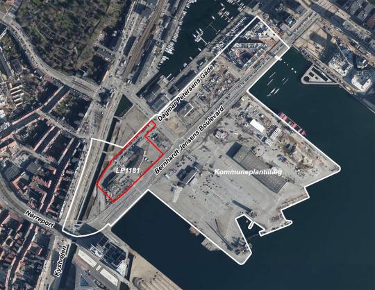 Luftfoto der viser lokalplanafgrænsningen til lokalplan 1181