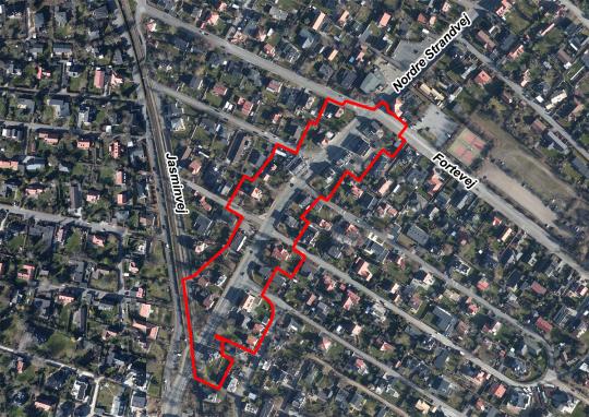 Luftfoto der viser lokalplanafgrænsningen til delvis ophævelse af Byplanvedtægt nr. 6 og Lokalplan nr. 210