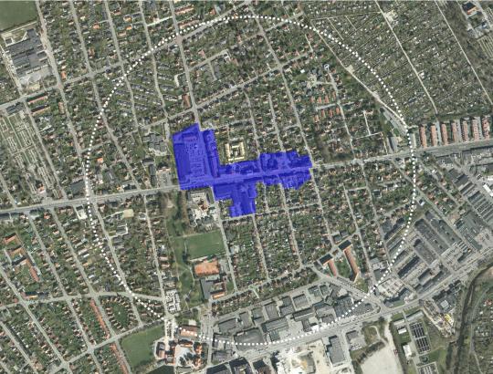 Kort der viser områdeafgrænsningen af helhedsplanen for silkeborgvej