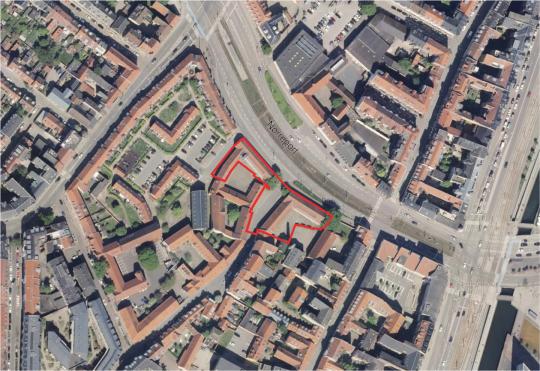 Luftfoto der viser afgrænsningen til lokalplan 1257